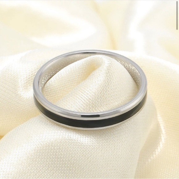 Black White Enamel Coated Ring Wedding Band - Picture 8 of 16